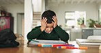 Home, stress and child with homework for school, education and learning worried for test or quiz. Burnout, mental health and frustrated boy struggle with assignment for knowledge, lesson and academy