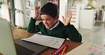 Laptop, education and e learning with a student boy in his home for remote class online. Computer, video call and child development with a male pupil in private home school for distance scholarship