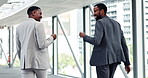 Handshake, happy or business people fist bump in office in celebration of a deal success, target or goal. Corporate company employees, back or excited men enjoy a break after teamwork or achievement
