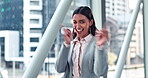Celebration, business or happy woman in office walking and greeting the camera after winning a goal. Portrait, good news or playful employee with positive attitude or good news after a job promotion