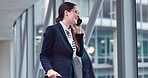 Business woman, phone call and laugh at airport for company travel with conversation and discussion. Mobile contact and female professional with digital, online and internet communication with joke