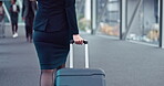 Airport, legs or businesswoman with suitcase walking for travel, airplane flight and terminal gate for trip. Closeup, back or luggage bag for a journey, international transportation or global tour 