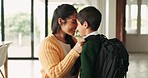 School, leave and mother with child in home ready for education, childhood development and learning. Love, family and mom embrace young boy for greeting, goodbye and morning routine for academy 