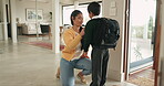 Home, mother and child ready for school with backpack and dressed with love, care and uniform. Woman, boy kid or student happy in morning to start education for knowledge, learning and development