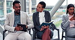 Tablet, interview and business people in a waiting room talking about job information or notes in conversation. Discussion, communication and corporate candidate group speaking of work opportunity