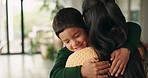 School, greeting and mother hug child in home ready for education, childhood development and learning. Love, family and mom embrace young boy for leaving, goodbye and morning routine for academy 