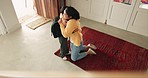 School, leave and mother hug child in home ready for education, childhood development and learning. Academy, family and mom embrace young boy for greeting, goodbye and morning routine for class 