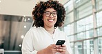 Face, happy woman and walking in office building with phone for social network, mobile search and digital contact. Portrait of worker typing on smartphone while reading business notification in lobby