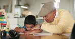 Homework, math and grandfather help child for learning, studying and teaching and writing with abacus. Education, school and grandparent with boy in home for development, growth and study for lesson