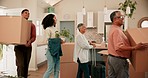 Family, real estate and moving house with senior people in their new home for retirement relocation. Box, living room and grandparents walking into the living room of their apartment with a suitcase