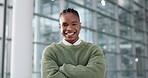 Black man, face and smile with arms crossed in modern office for internship, opportunity and new job. Happy portrait, confident or professional businessman for about us in startup consulting agency