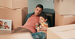 New home, moving and tired parent with child sleeping, exhausted and packing cardboard boxes in house together. Real estate, mortgage and unboxing father with fatigue kid on the floor of apartment