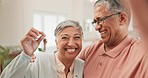 Selfie of old couple in living room with keys to new home, investment and mortgage for property. Real estate, old man and happy woman with smile, marriage and future safety in house for retirement.