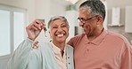 Portrait of old couple in living room with keys to new home, investment and mortgage for property. Real estate, old man and happy woman with happiness, marriage and safety in house for retirement.