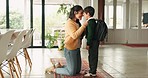 School, ready and mother greet child to start academy, morning routine and leaving house at home. Education, family and happy mom with kid getting dressed for learning, knowledge and help for uniform