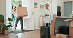 Grandparents, boxes or big family walking in new home or excited about house property or real estate. Happy mom, dad or senior man moving cardboard package for beginning in front door with a kid