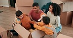 Moving, toys and parents with their children with cardboard boxes in their new home bonding together. Happy, smile and young people playing with teddy bears with their boy kids in a modern house.