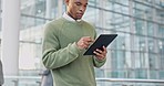 Tablet, research and business black man in office online for communication, networking and internet. Corporate worker, connection and male person on digital tech for social media, website and report