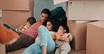 New home, moving and tired family sleeping exhausted due to packing cardboard boxes in house together. Real estate, mortgage and mother with fatigue children, father or kids on the floor of apartment