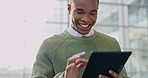 Business, office and happy black man on tablet online for communication, networking and internet. Corporate worker, planning and male person on digital tech for social media, website and research