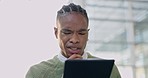 Thinking, confused and business black man on tablet online for planning, networking and internet. Corporate worker, doubt and male person on digital tech for social media, website error and schedule