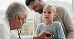 Father, child and pediatrician with stethoscope on lungs, heart and breathing test for kids healthcare service. Dad, sick kid and doctor checking for asthma, emergency medical consultation in home.