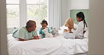 Father, children and bed with teddy bear, play and care with game, love or bonding in family house. Dad, young kid and baby with toys, talking and happy together in bedroom, home and relax in morning