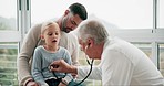 Father, sick child and pediatrician with stethoscope for lungs, heart and breathing for kids healthcare service. Dad, kid and doctor checking chest for asthma, emergency medical consultation in home.