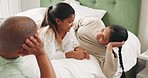 Man, woman and child on bed laughing, talking and quality time together, happy interracial family relax in home. Discussion, morning bonding conversation and girl in bedroom with mom, dad and smile.