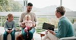 Psychiatry, speaking and father with his girl child in a psychology office with a female therapist. Conversation, family discussion and young dad talking to a psychologist with his kid at a clinic.