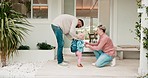 Mom, dad and kid with backpack for kindergarten, hug at home getting ready and happy family in morning. Goodbye embrace, parents and kid, helping with school bag for daycare, learning and development