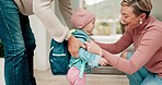 Parents, child and backpack for kindergarten, hug at home, getting ready and happy family in morning. Mom, dad and kid, helping with school bag for daycare, learning and and development with love. 