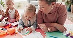 Mother, children and drawing on living room floor for bonding, teaching and learning together. Color pencil, paper and art, mom and kids in creative play for development, quality time and family home