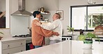 Mature couple, happy dancing and kitchen with love and marriage in home with music and care. Audio, house and elderly people together with romance and waltz in retirement with partner and smile