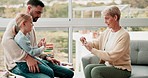 Speech therapy, talking and father with his girl child in a therapy office with a female therapist. Conversation, family discussion and young dad speaking to children psychologist with kid at clinic.