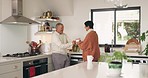 Old couple in kitchen, talking and coffee, relax with morning routine and communication with trust and retirement. Commitment, marriage and life partner, man and woman at home, tea and chat with love