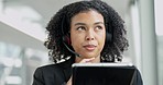 Tablet, call center and woman doing an online consultation in the office for telemarketing crm. Thinking, digital technology and young female personal assistant or receptionist working with a headset