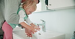 Bathroom, father and daughter washing hands for health or hygiene together during education and child development. Family, love and learning with a man teaching his kid about cleaning as a family