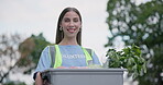 City volunteer, grocery donation and happy woman with food box, vegetables container or basket for charity. Community service kindness, nonprofit support and portrait person volunteering for NGO care