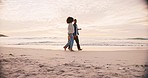 Family, walking on beach and holding hands, travel and ocean with people bonding on tropical holiday. Mother, father and child spending time together outdoor, nature and fresh air with vacation