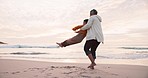 Beach, old woman spinning child and playful sunset holiday in Mexico for freedom, fun and energy. Travel, swinging and happy grandma and kid with smile, playing and bonding together on ocean vacation