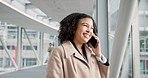 Woman with phone call, airport and flight schedule in terminal, talking and laughing on business trip. Smile, travel and happy businesswoman in conversation on cellphone for international destination