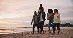 Family, walking on beach and generations with travel, ocean and sunset, people bonding with love and happiness in nature. Grandparents, parents and children, journey and adventure with holiday