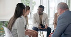 People, group and therapy support, talking and counseling discussion, listening and empathy for mental health. Professional men and women in diversity circle with psychology, helping and advice