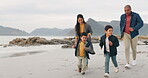 Family, running on beach with parents and children, energy and travel by ocean, trust and people bonding outdoor. Winter, nature and mother, father and kids in race, adventure and freedom on journey