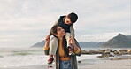 Mother, carrying child and smile at beach on vacation, holiday and travel outdoor at winter sunset. Mom, happy kid and piggyback at ocean, sea and bonding with family talking, play and love with care