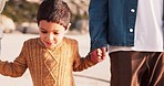 Mother, father and children on beach, holding hands and bonding together on holiday in Australia. Family, support and quality time in nature, woman and man with kids on fun outdoor adventure vacation