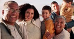 Face, love and happy big family at the beach, bond and travel, laugh and freedom in nature. Ocean, portrait and children with parents and grandparents outdoor, smile or fun on Cancun traveling trip