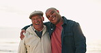 Face, man and senior father at beach for vacation, sea holiday and travel outdoor at sunset. Portrait, elderly dad and adult son with funny smile, laughing and happy family bonding together at ocean