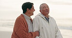 Love, smile and relax with old couple at beach for travel, happy and retirement. Happiness, wellness and care with senior man and woman walking on seaside date for romance, marriage and vacation